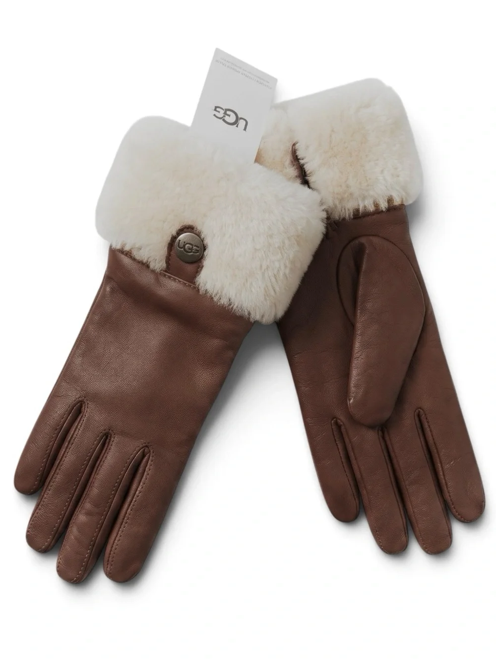 UGG Leather Shearling Cuff Touchscreen Gloves Cashmere Lined Size S NWT Brown